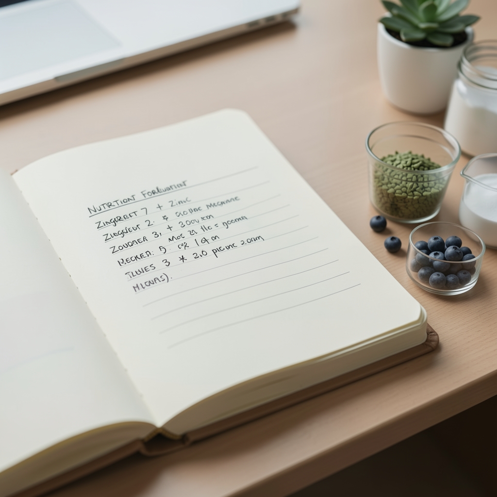 Close-up of a nutrition formulation notebook open on a desk with handwritten ingredient ratio notes, zinc and magnesium compound samples visible alongside in a clean workspace