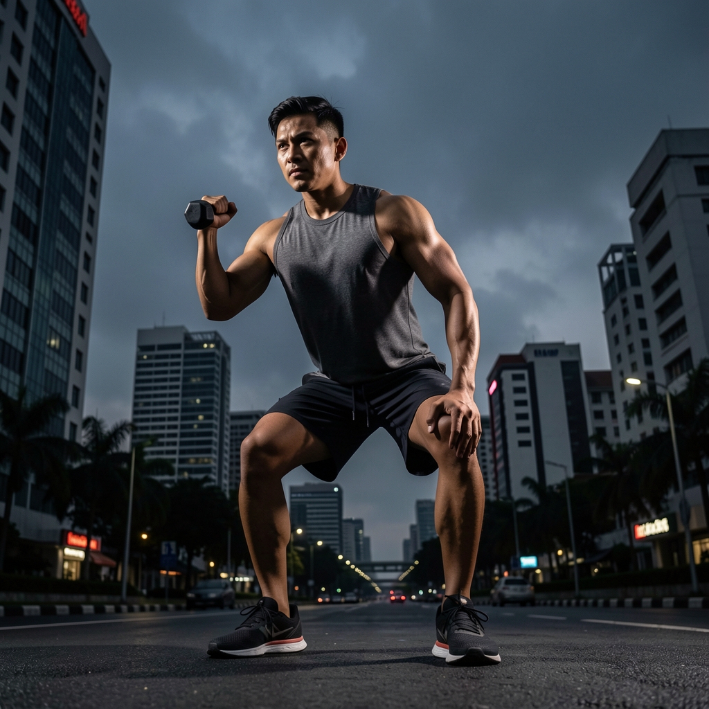 Athletic man performing early-morning outdoor workout in an urban Jakarta setting, photographed in dramatic low-angle composition with dark atmospheric background
