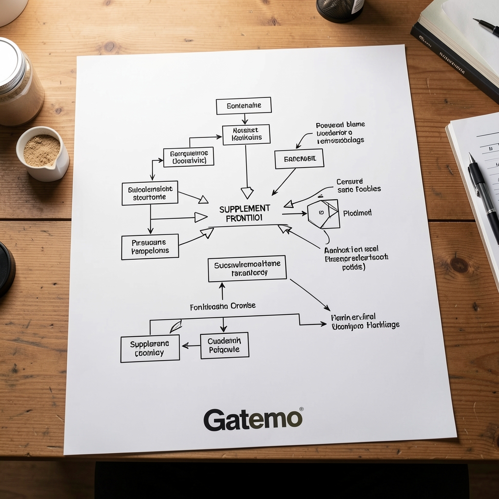 Overhead view of a supplement formulation process schematic laid out on a large format paper on a wooden desk, with staged process steps annotated in black ink and a Gatemo brand identifier visible