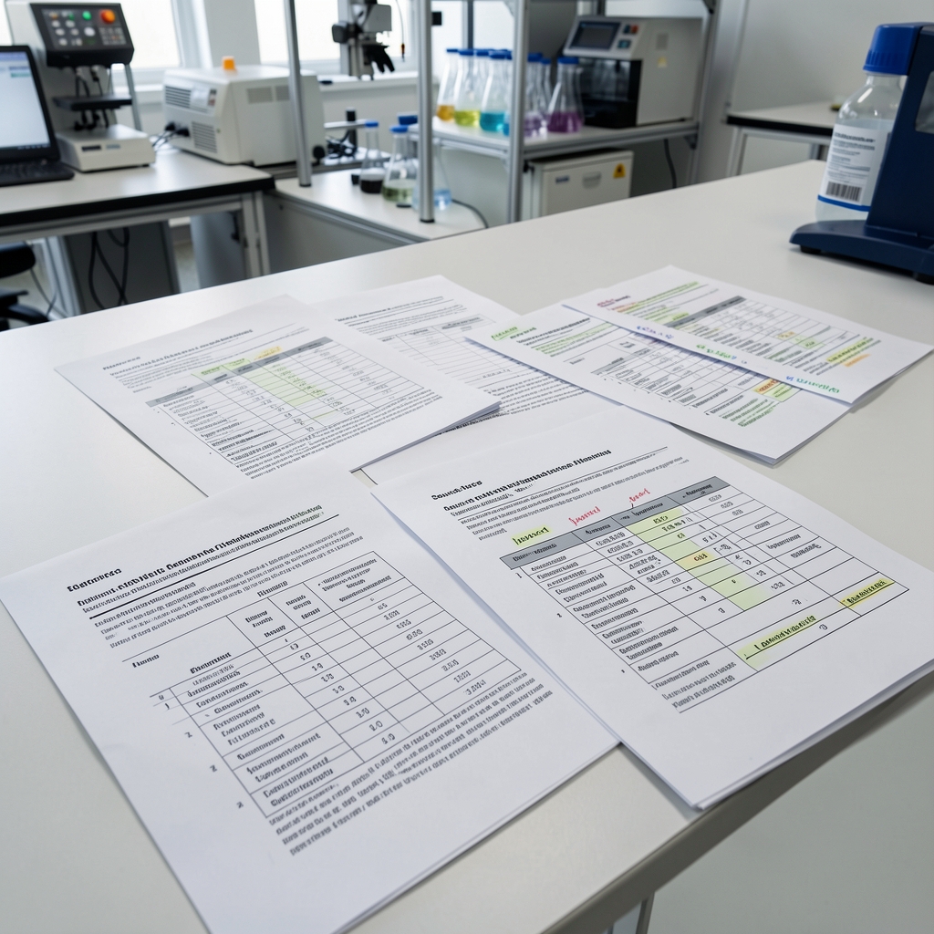 Nutritional research papers spread across a clean desk in a quality-control environment with annotated ingredient tables and source reference markings visible under controlled lighting