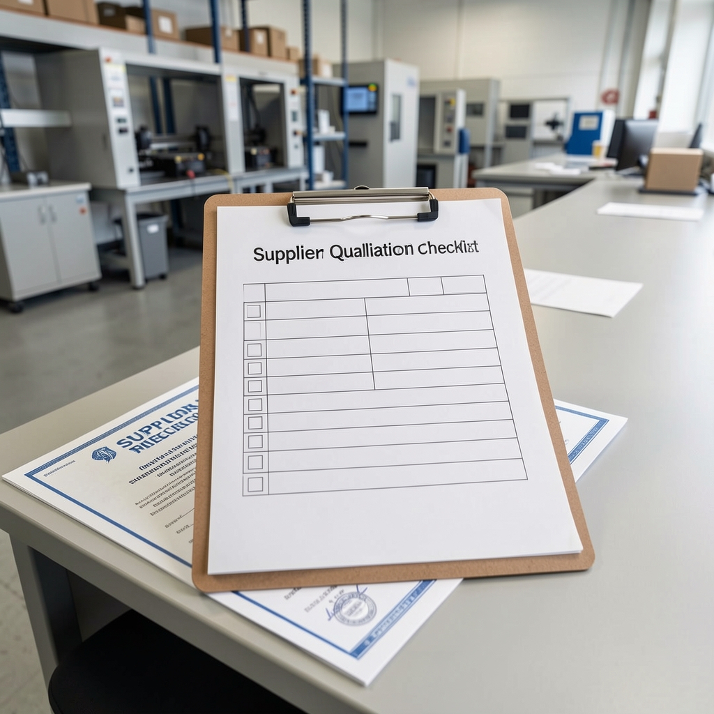 Supplier qualification checklist document on a clipboard on a clean work surface with supplier certificates partially visible underneath in a production administration environment
