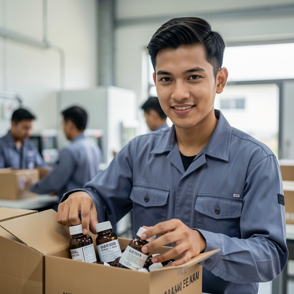 Finished Gatemo supplement bottles with lot-code labels being placed in packaging boxes at the Jakarta facility by a team member wearing production-appropriate attire in a clean workspace