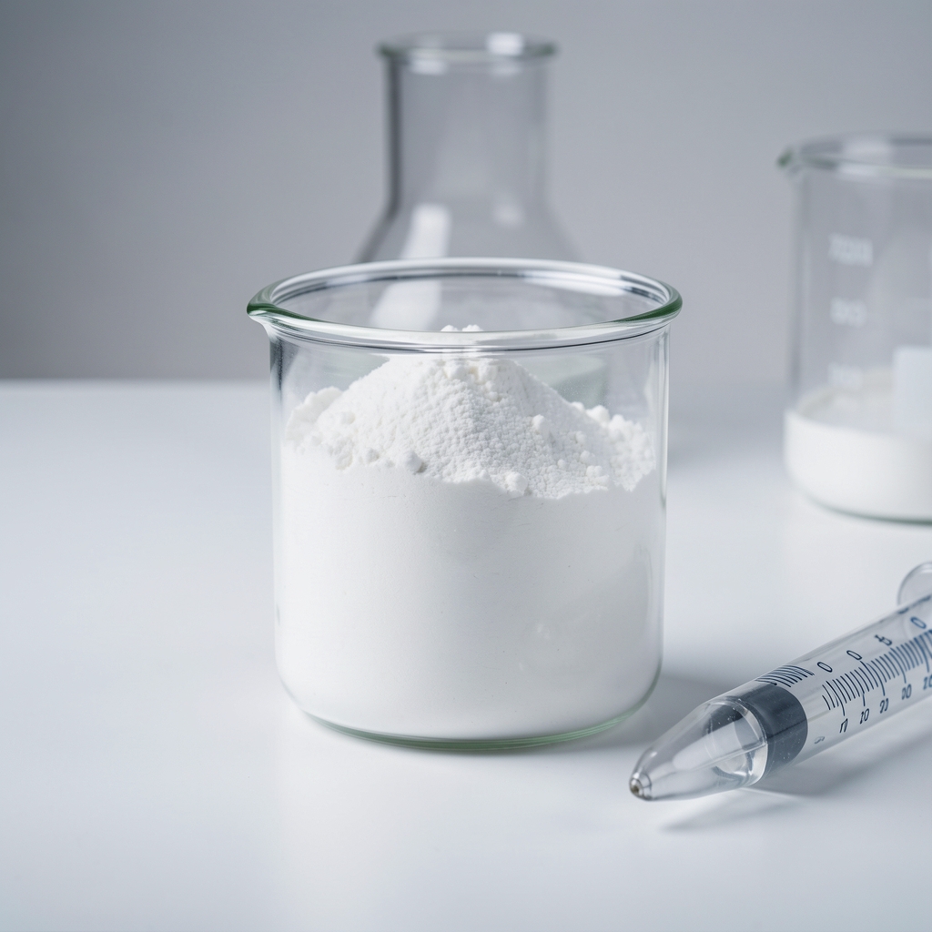 Zinc bisglycinate powder in a glass laboratory vessel on a clean surface under controlled studio lighting, with a measuring instrument visible alongside