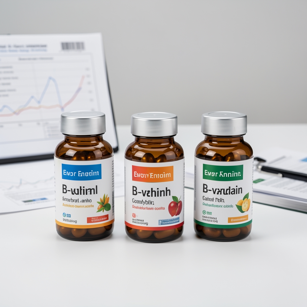 Three glass amber supplement bottles with B-vitamin labels arranged on a white surface in a quality-control workspace under studio lighting with documentation sheets visible