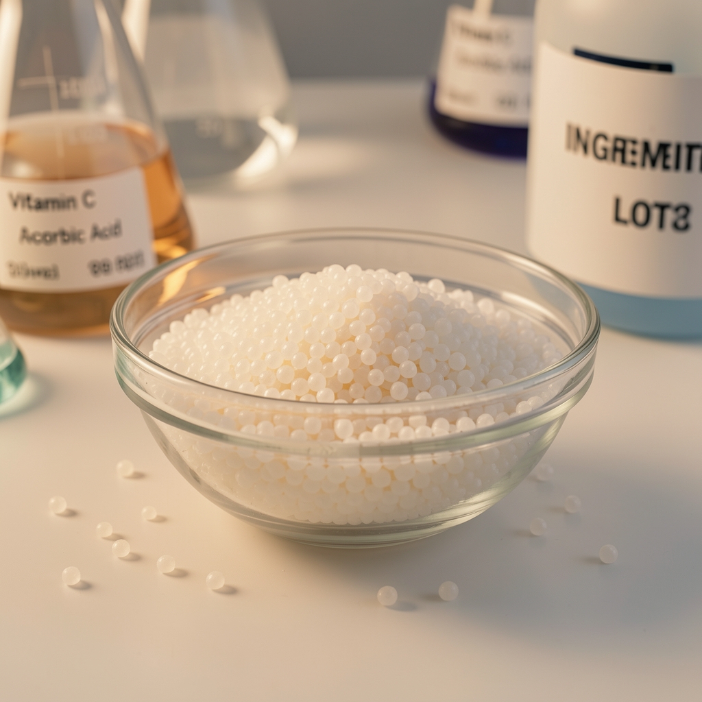 Vitamin C ascorbic acid microencapsulated granules in a clear glass bowl on a clean laboratory surface under warm studio lighting with ingredient lot labels visible nearby